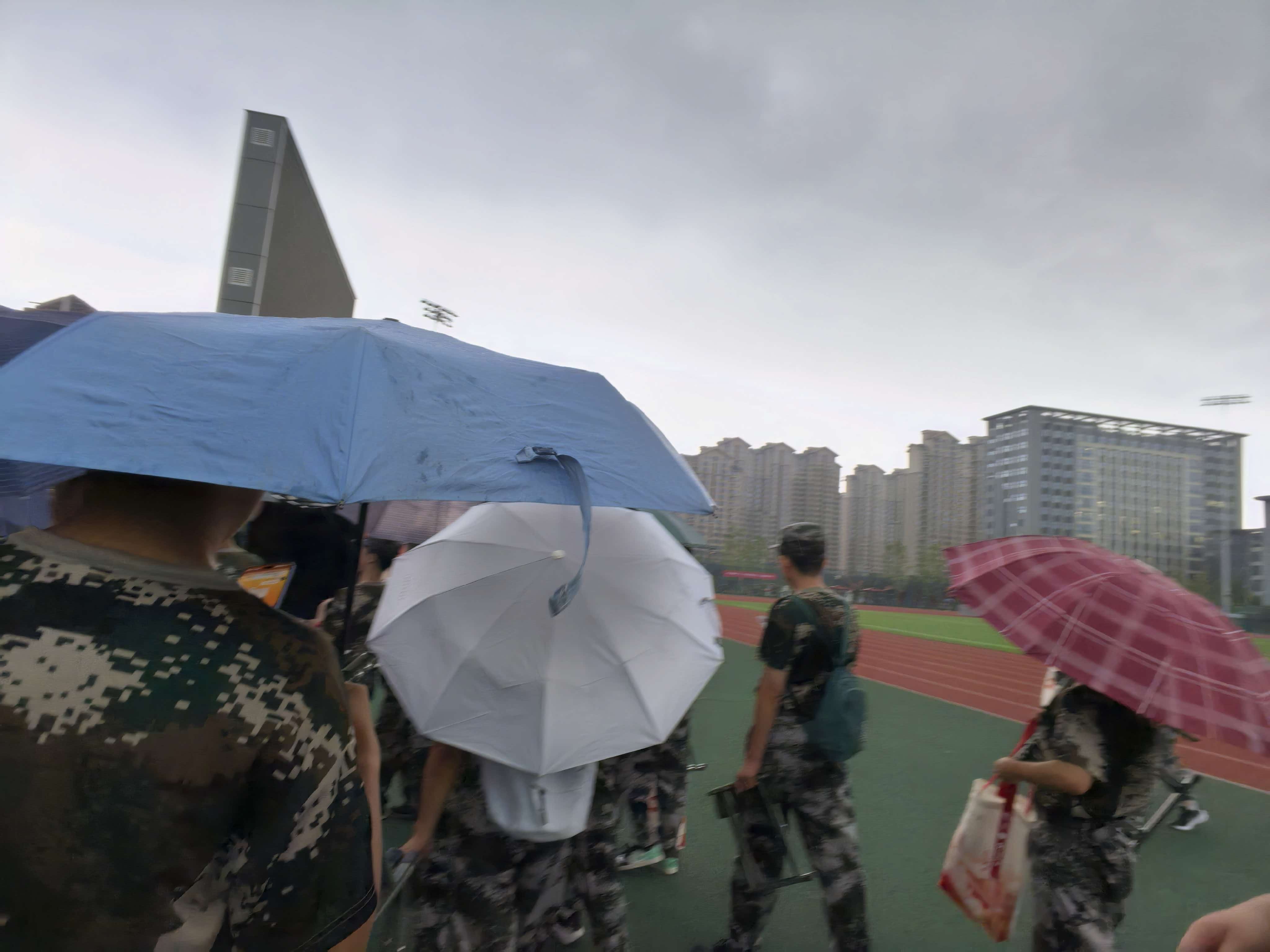 操场上撑伞的人群